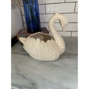 Vintage Ivory Porcelain Swan Planter Bowl White Elegant Detailed Bird MCM